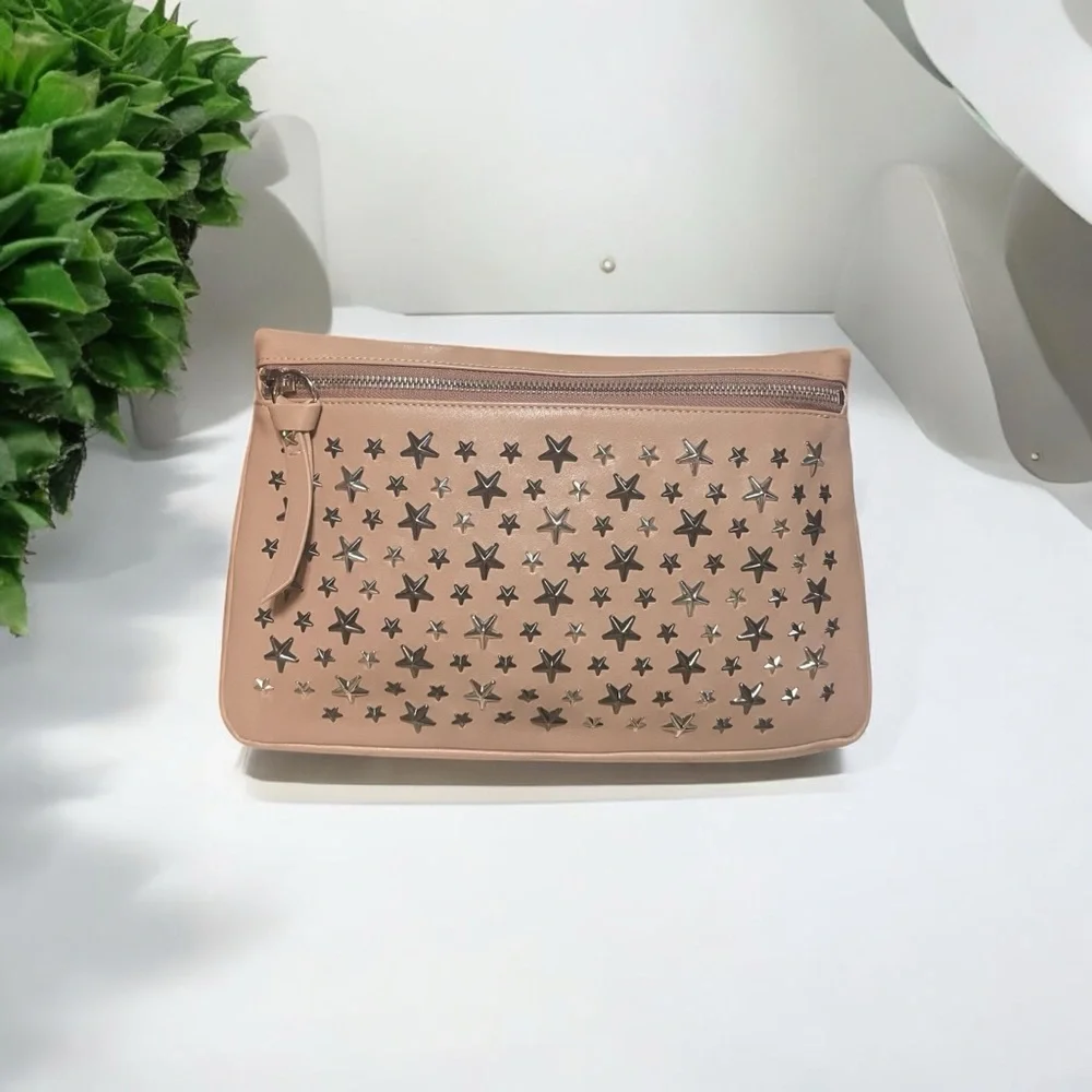 NEW w/ All Cards Jimmy Choo Zina Star Pink Studded Clutch 12” x 8” - Picture 2 of 6